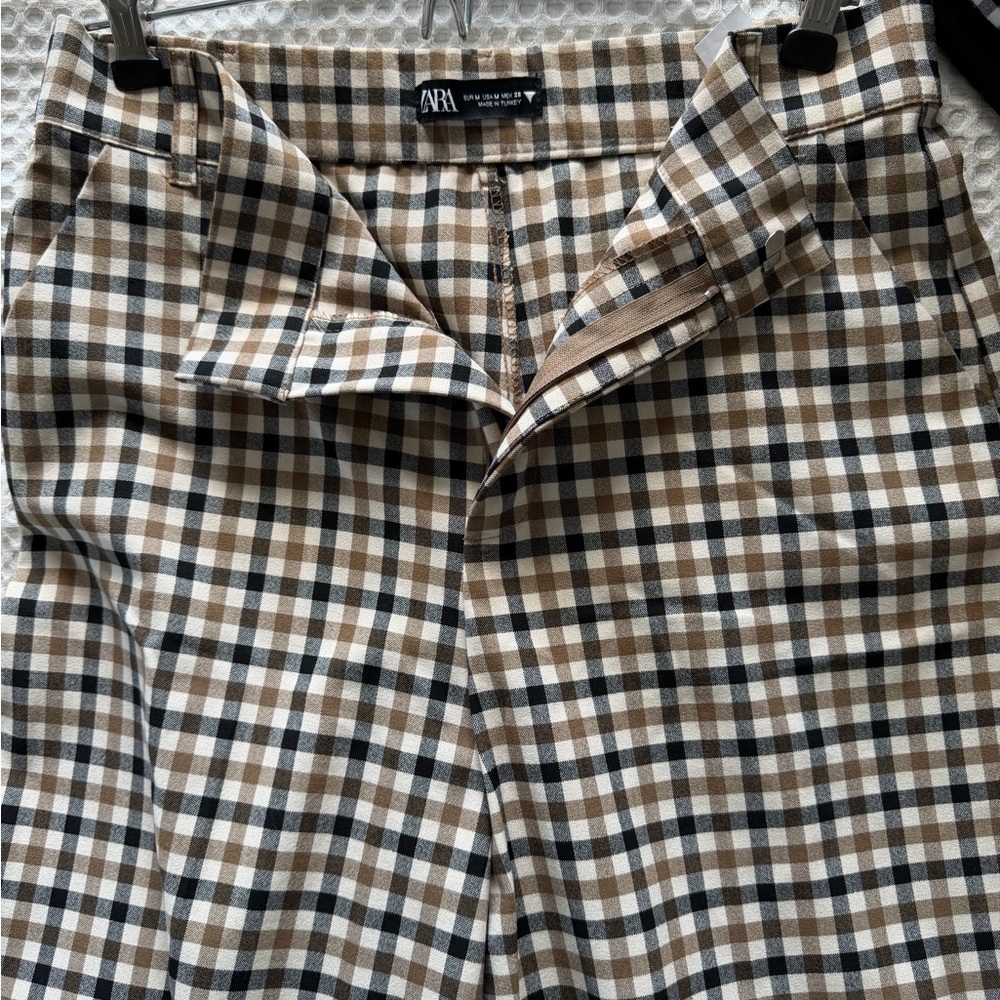Zara Brown Black White Checked Boot Cut Pants